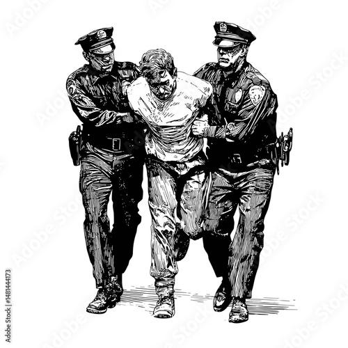 vector sketch two police officers detain a criminal on a white background .Generative AI