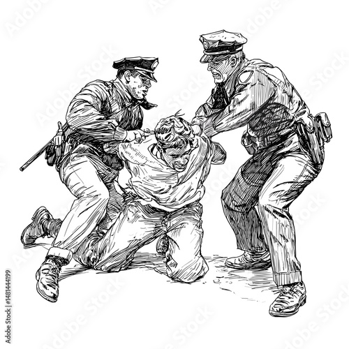 vector sketch two police officers detain a criminal on a white background .Generative AI