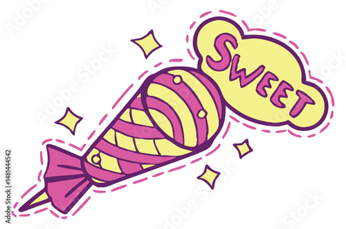 Cartoon candy cone with sweet text cloud in bright pink and yellow design