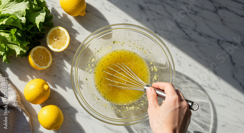 Whisking fresh lemon vinaigrette in glass bowl with lettuce and bright sunlight