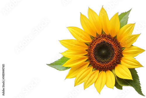 Vibrant sunflower isolated on transparent background, close-up showcasing yellow petals, brown center, and green leaves. Ideal for summer designs, nature themes, greeting cards, event invitations,