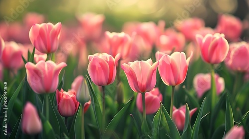 Pink Tulip Field Blossoming In Sunlight With Green Leaves And Soft Bokeh Background