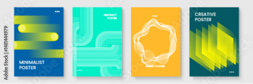 Four abstract posters with geometric shapes. Perfect for modern interior decor, minimalist designs, and contemporary branding projects with a bold style.
