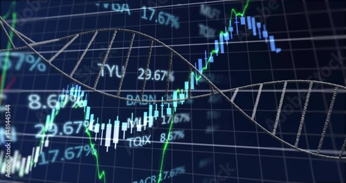 3D DNA helix spanning grid, overlaying candlestick bars, glowing trend line, floating percentages