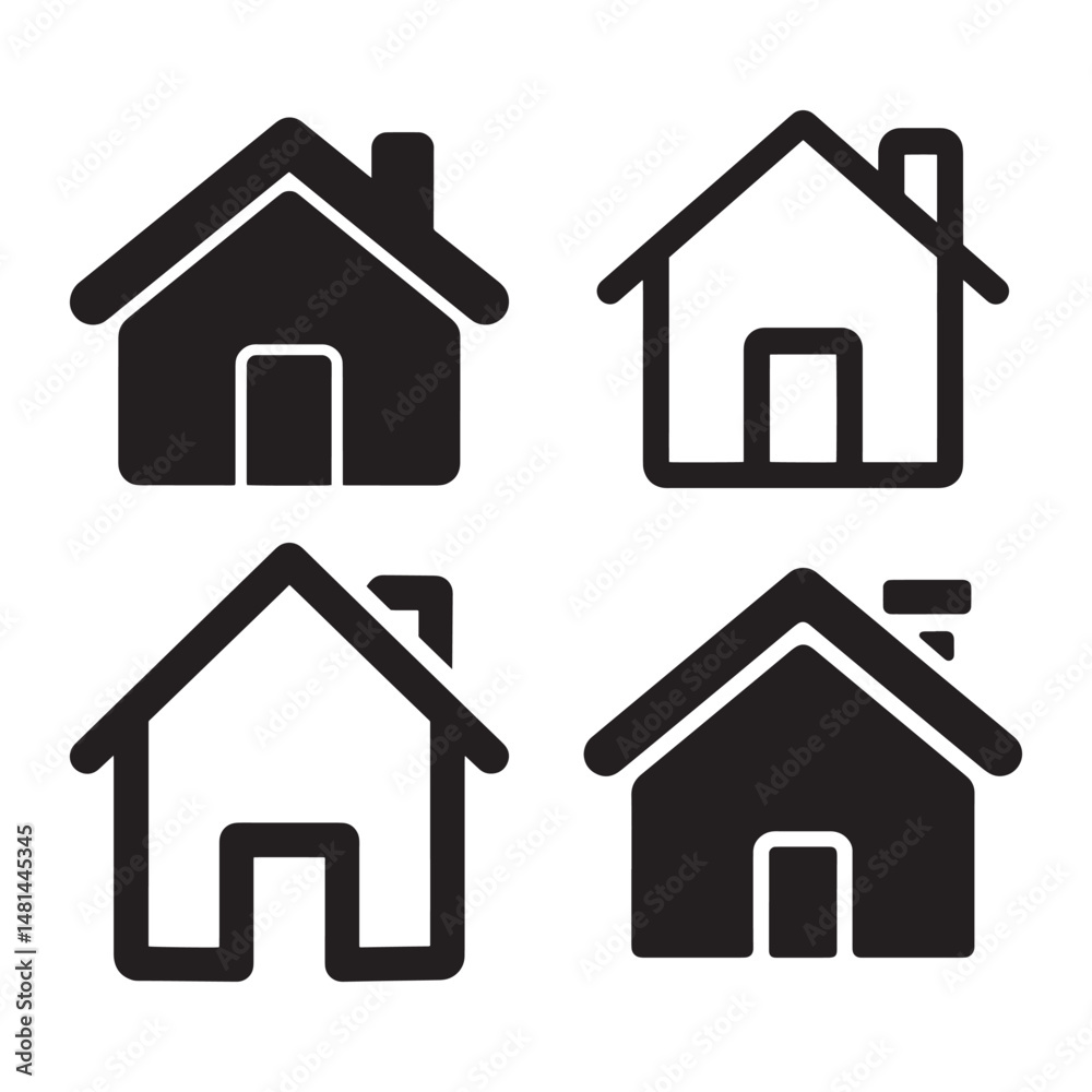 home icon set. house icon set. Four Simple Black and White House Icons home icon set. house icon set. Four Simple Black and White House Icons