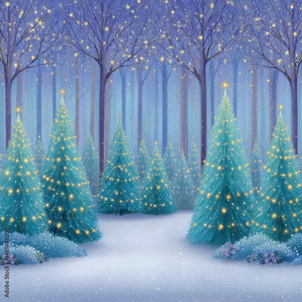 Fototapeta premium Enchanted Teal Christmas Trees in a Snowy Winter Forest