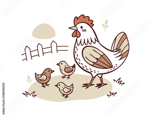 Cute cartoon illustration of a mother hen with three adorable baby chicks on farm ground
