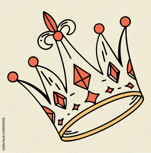 Decorative crown illustration featuring diamond ornaments and orange accents on a beige background