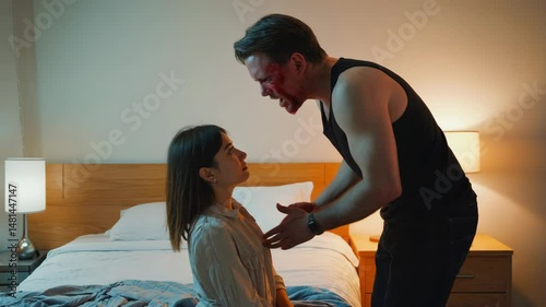 Violent domestic conflict escalating with blood stained male aggressor physically threatening and intimidating terrified female partner in shadowy bedroom during nighttime confrontation