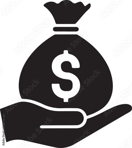 hand holding money bag, money bag in hand, cash in hand silhouette, financial hand icon, money grip vector, hand clutching money bag