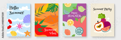Four summer themed illustrations featuring a life ring, lemons, leaves, and an apple. Perfect for tropical designs or summer themed projects.