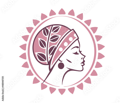 Elegant african woman in profile with floral headscarf and decorative sunburst frame