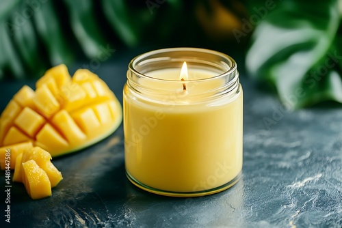 Scented candle with mango slices