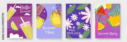 Colorful cards featuring fruit and summer themes; perfect for social media posts, invitations, or greeting cards for the season.