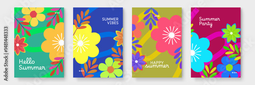 Four colorful summer greeting cards, perfect for sending cheerful messages during the warm season. Great for stationery designs or social media posts.