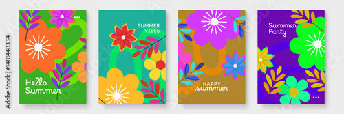 Four colorful summer greeting cards, perfect for sending cheerful messages during the warm season. Great for stationery designs or social media posts.