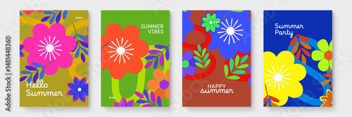 Four colorful summer greeting cards, perfect for sending cheerful messages during the warm season. Great for stationery designs or social media posts.