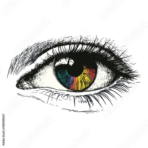 Eye with a rainbow-colored iris drawing sketch black vector