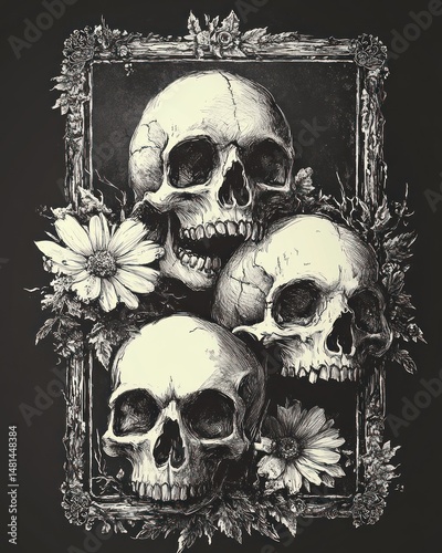 Three skulls framed by flowers