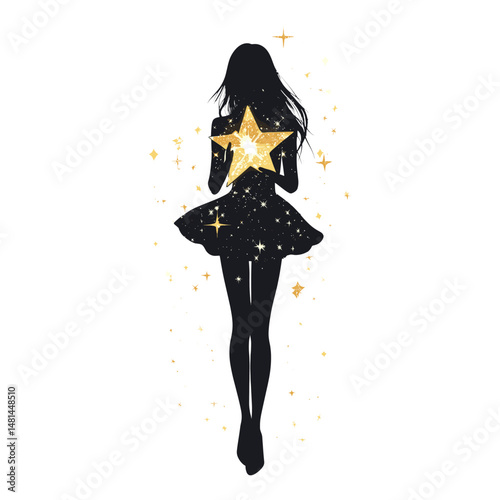Female holding a big star illustration silhouette glowing vector