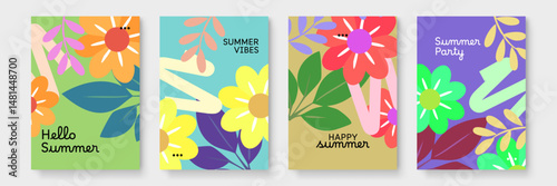Four colorful cards with flowers and leaves selected for greeting cards, invitations, stationery, or spring themed designs. Bright and lively designs.