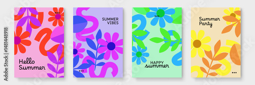 Four colorful floral designs with summer greetings; ideal for festive invitations, cards, posters, or social media posts celebrating the season.