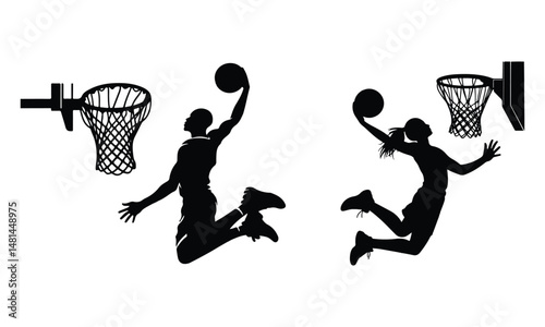 vector silhouette of a male & Female basketball player slam dunk, scoring the ball to the net, transparent background. vector illustration eps file.