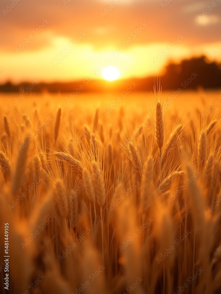 Fototapeta premium Golden wheat spikes glowing in warm sunlight. Ideal for agricultural themes, nature blogs, organic product ads, seasonal posters, and rural lifestyle content