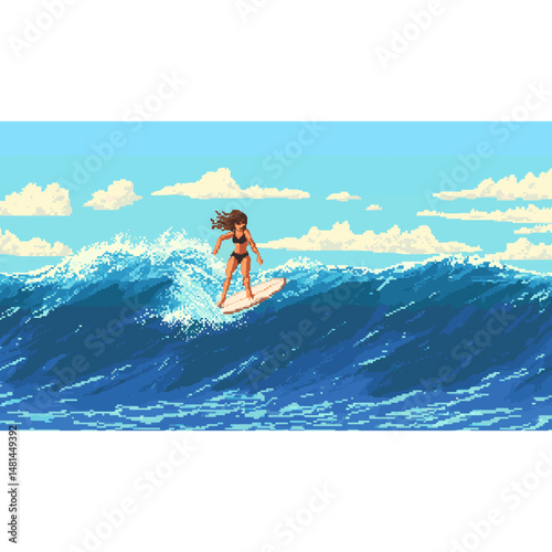 Woman on a surfboard surfing ocean pixel vector