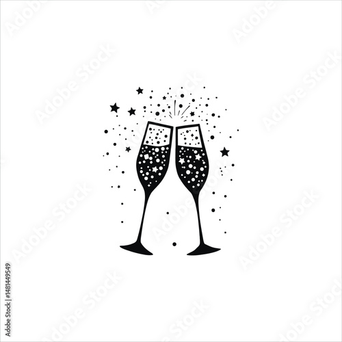 Elegant Abstract Vector Logo Icon Illustration of Champagne Glasses Clinking in Celebration, Birthday celebration