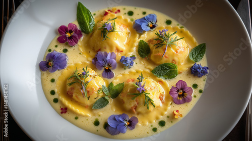 Lobster ravioli with saffron bisque foam, garnished with edible flowers