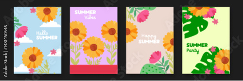 Set of four colorful summer greeting cards perfect for sending warm wishes and spreading seasonal cheer to family and friends.