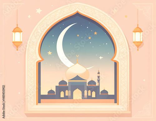 Dark Blue Islamic Frame with Crescent and Stars in Night Theme Featuring Pixelated Mosque and Lanterns under a Starry Sky