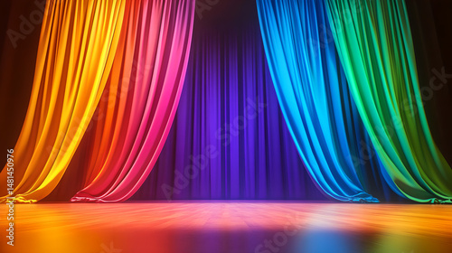 Vibrant Rainbow Curtains on Theatrical Stage with Dramatic Lighting