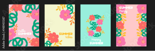 Four summer greeting cards with pink flowers and green leaves, perfect for sending warm wishes and spreading cheer to loved ones.