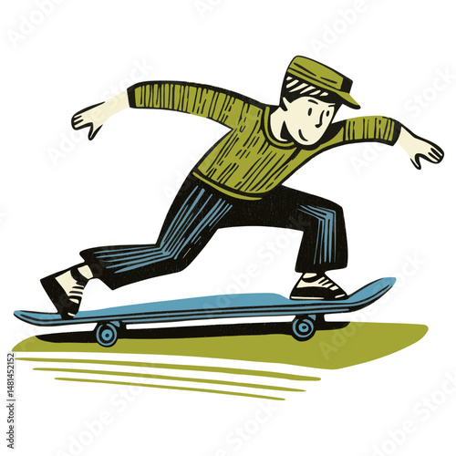 Linocut kid play skateboard illustration style skateboarding vector
