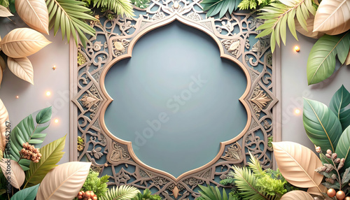 Dark Green Islamic Frame with Nature Pattern Organic Floral Design and Decorative Elements for Backgrounds and Templates