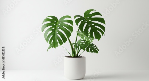 Monstera Plant in White Pot on Minimalist Background – Modern Interior Decor