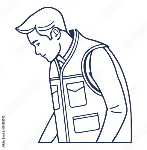 Illustrated profile view of a man wearing a vest in a clean minimalistic outline style