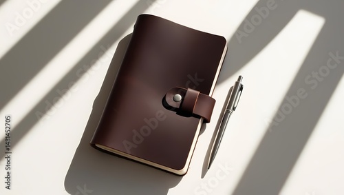 A black leather case and wallet on a white background with office equipment and technology items like a USB and data card