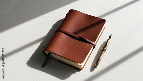 A black leather case and wallet on a white background with office equipment and technology items like a USB and data card