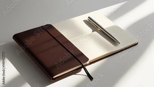 A black leather case and wallet on a white background with office equipment and technology items like a USB and data card