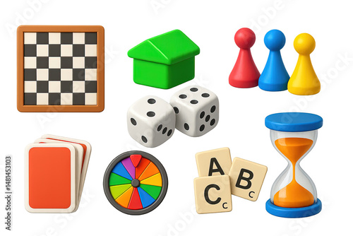Board game 3d icons set – puzzle, leisure, tabletop game symbols photo