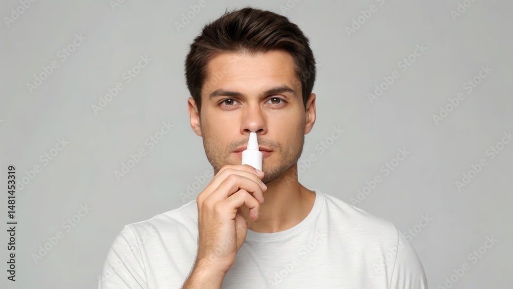 A young man in a white shirt uses a nasal spray against a plain background. A young man in a white shirt uses a nasal spray against a plain background.