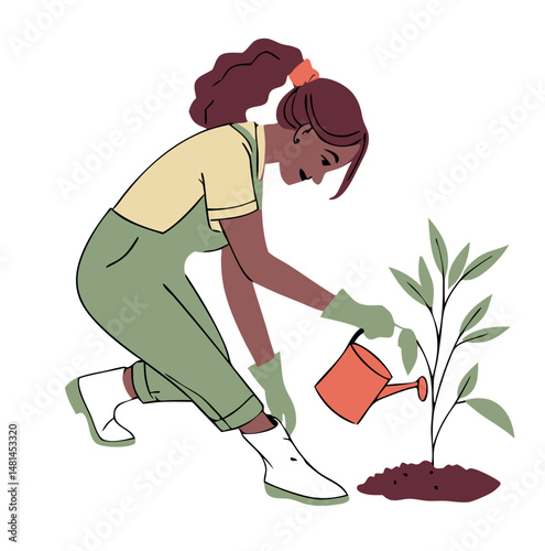 Illustration of a woman planting and watering a young sapling in her garden