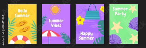 Four summer cards features beach themes. Ideal for holiday postcards, summer party invitations, or tropical event promotions. Bright, colorful designs.