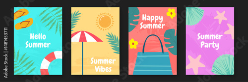 Four summer themed greeting cards featuring different summer activities suitable for summer event invitations, cards, stationery, and seasonal designs.