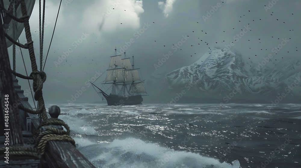 Obraz premium Sailing Ship On Turbulent Sea Facing Stormy Weather With Mountain Background