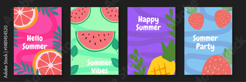 Four summer themed cards with fruit leaves and text