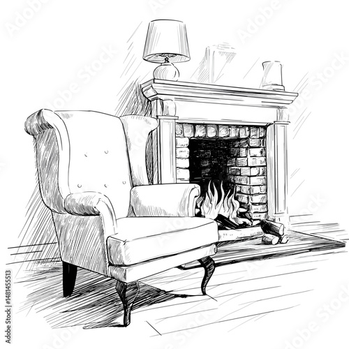 vector sketch armchair stands near fireplace on white background .Generative AI